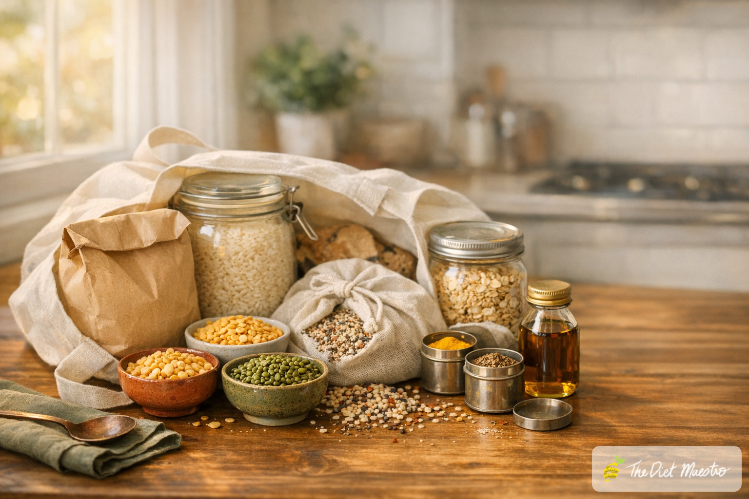 Indian grocery staples for NRIs—atta, basmati rice, dals, millets, oats, spice jars—in a tote on a wooden counter.