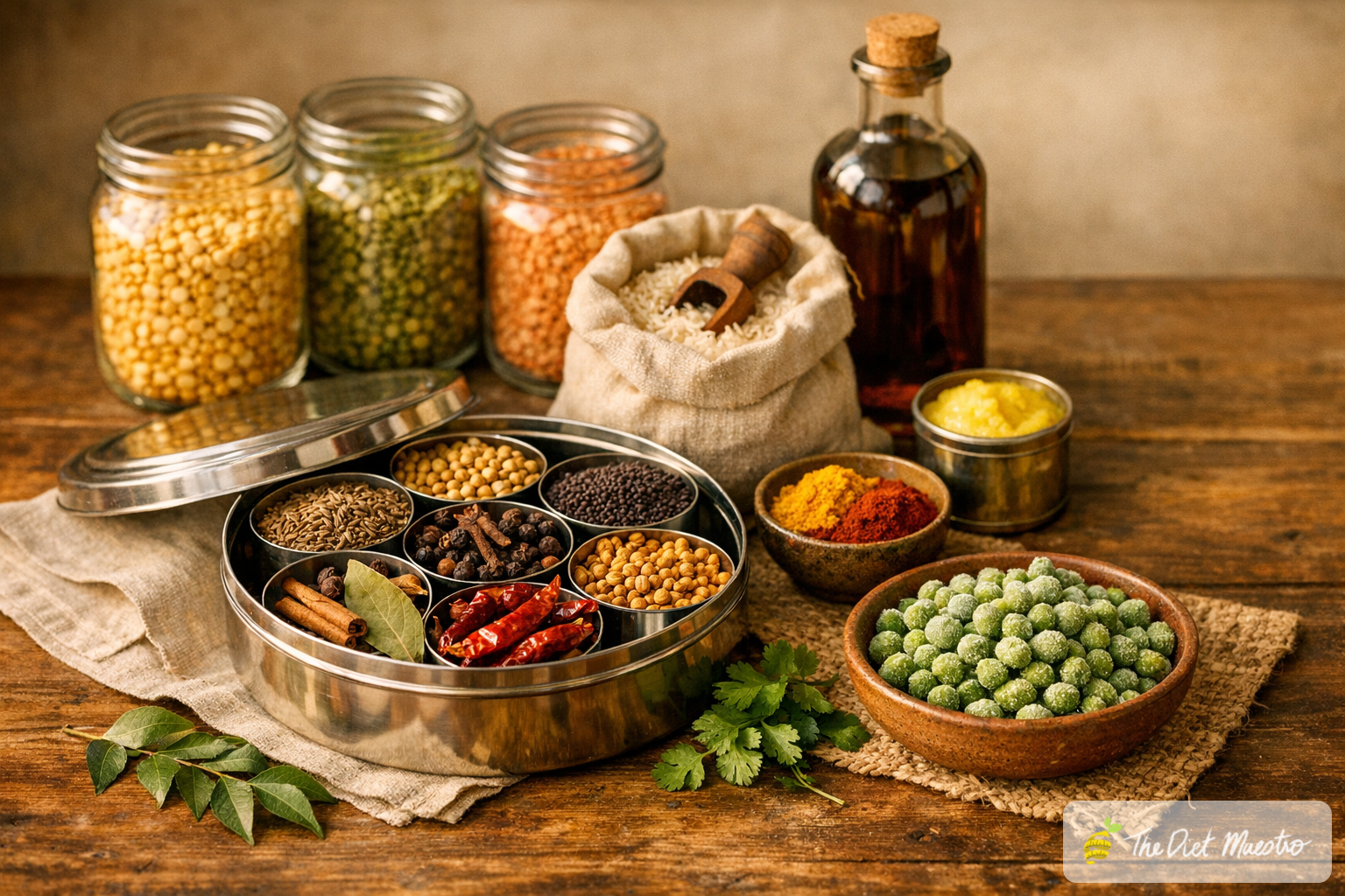 Indian grocery staples for NRIs: spice dabba, jars of dals, basmati rice sack, ghee, mustard oil, and frozen peas on wood.