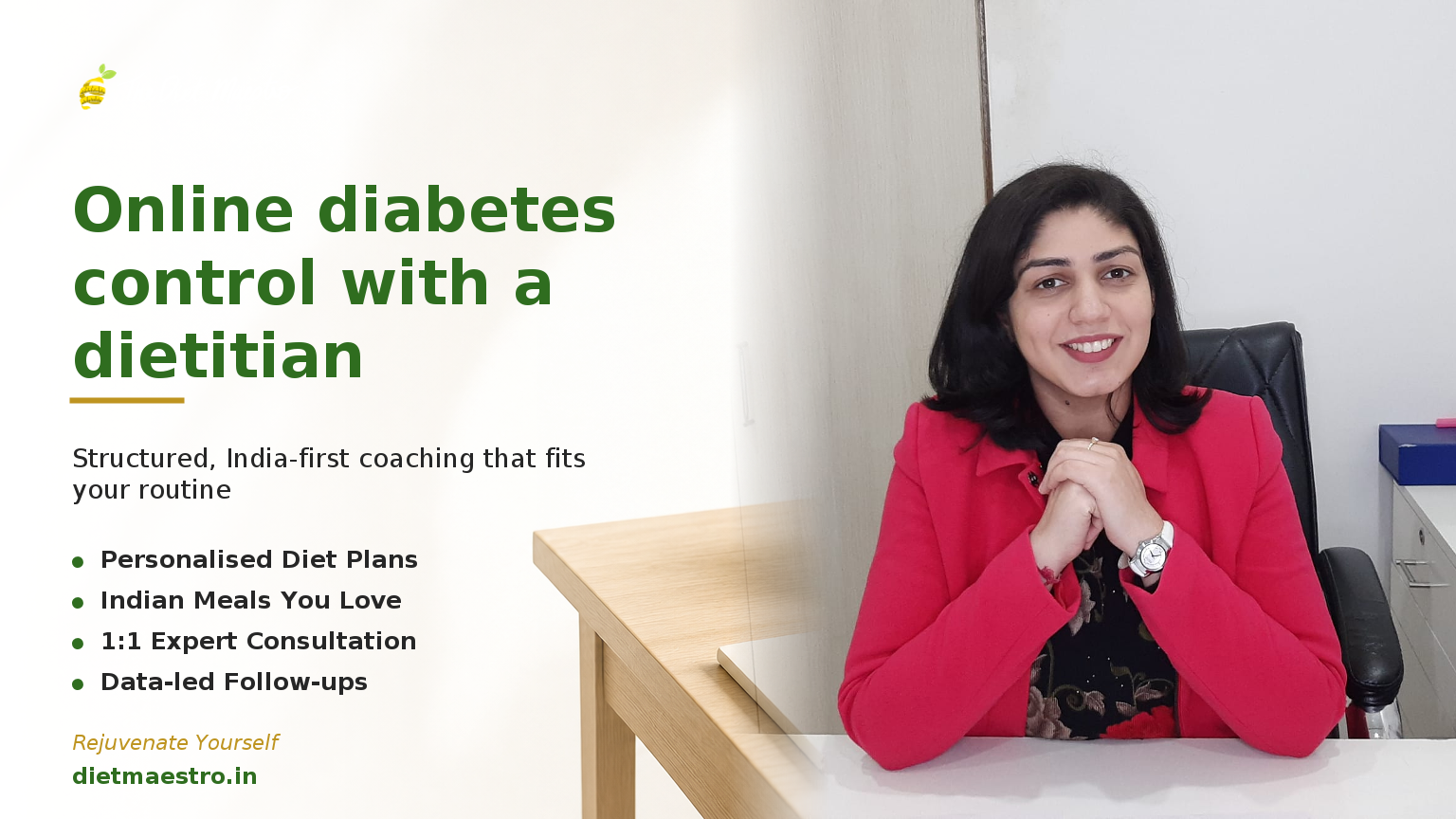 Dt. Priyanka Narang, Clinical Dietitian, in a modern clinic for an online diabetes control programme by Diet Maestro.