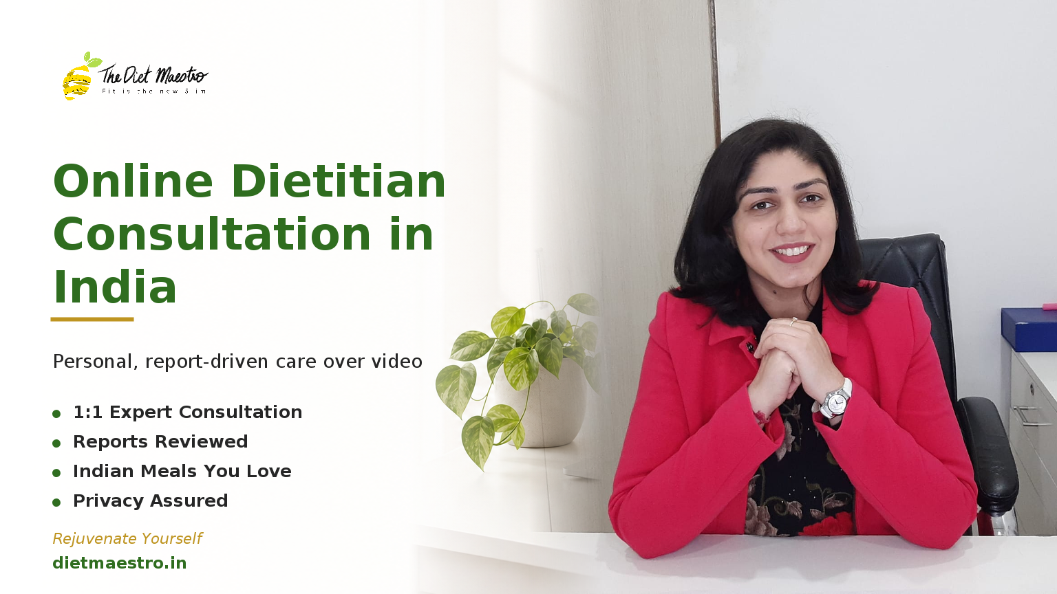 Dt. Priyanka Narang with a clean online consultation desk, Diet Maestro branding, for online dietitian consultation in India.
