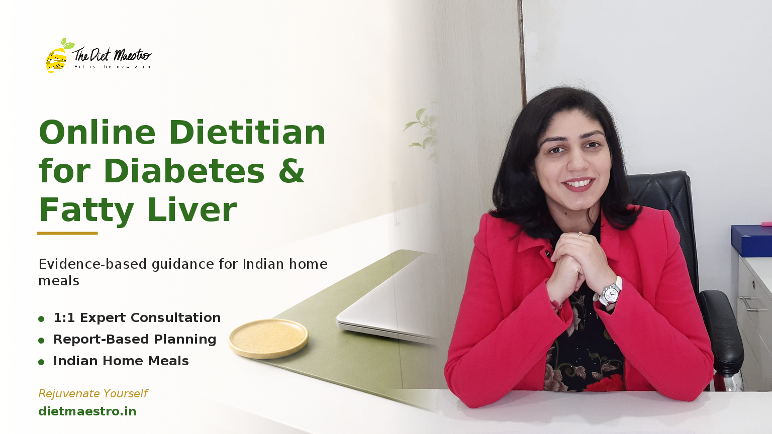 Dt. Priyanka Narang, Clinical Dietitian & Diabetes Educator, with Diet Maestro branding for online diabetes and fatty liver