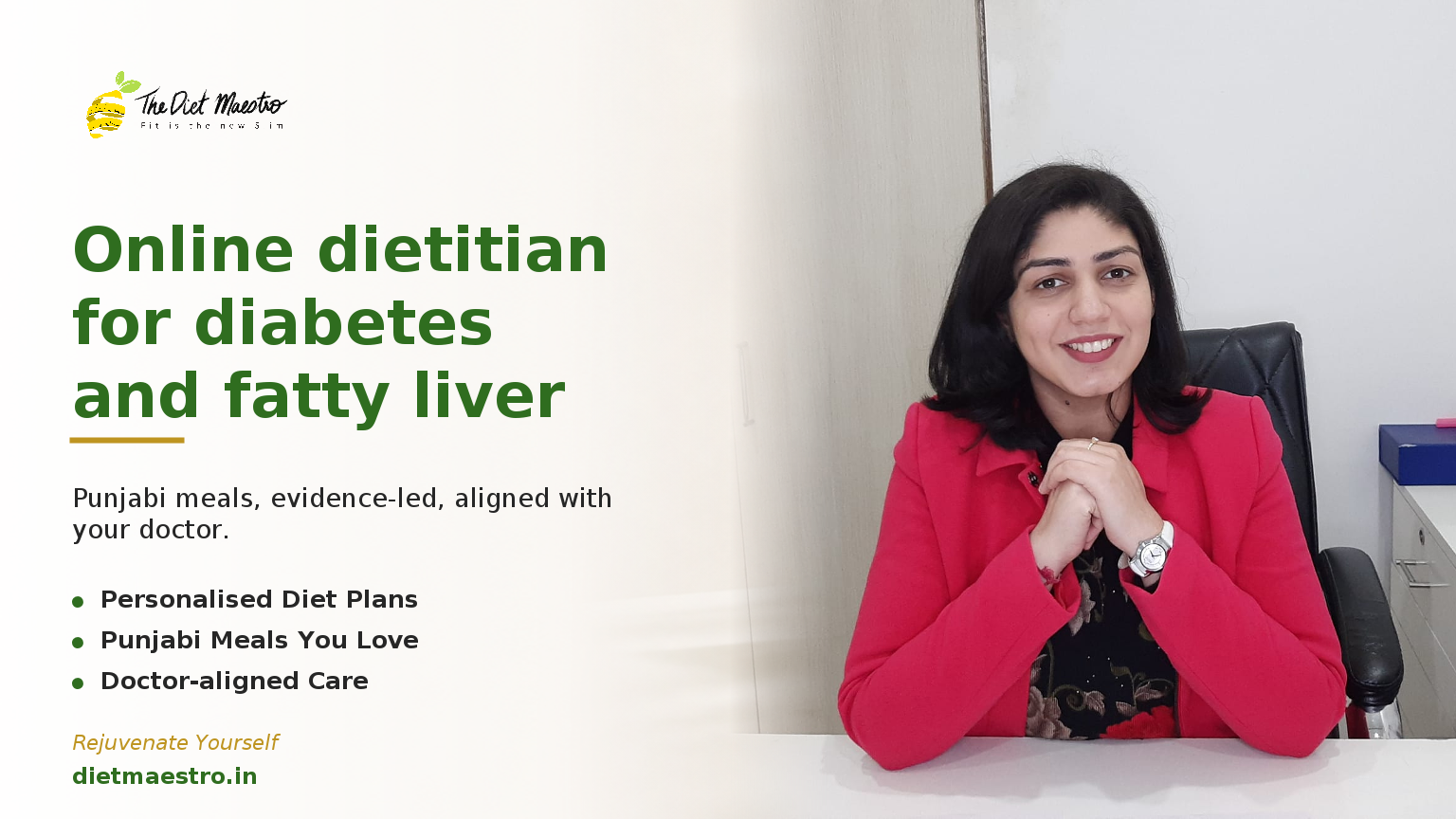 Dt. Priyanka Narang, Clinical Dietitian, with clean clinic backdrop for online diabetes and fatty liver — Diet Maestro