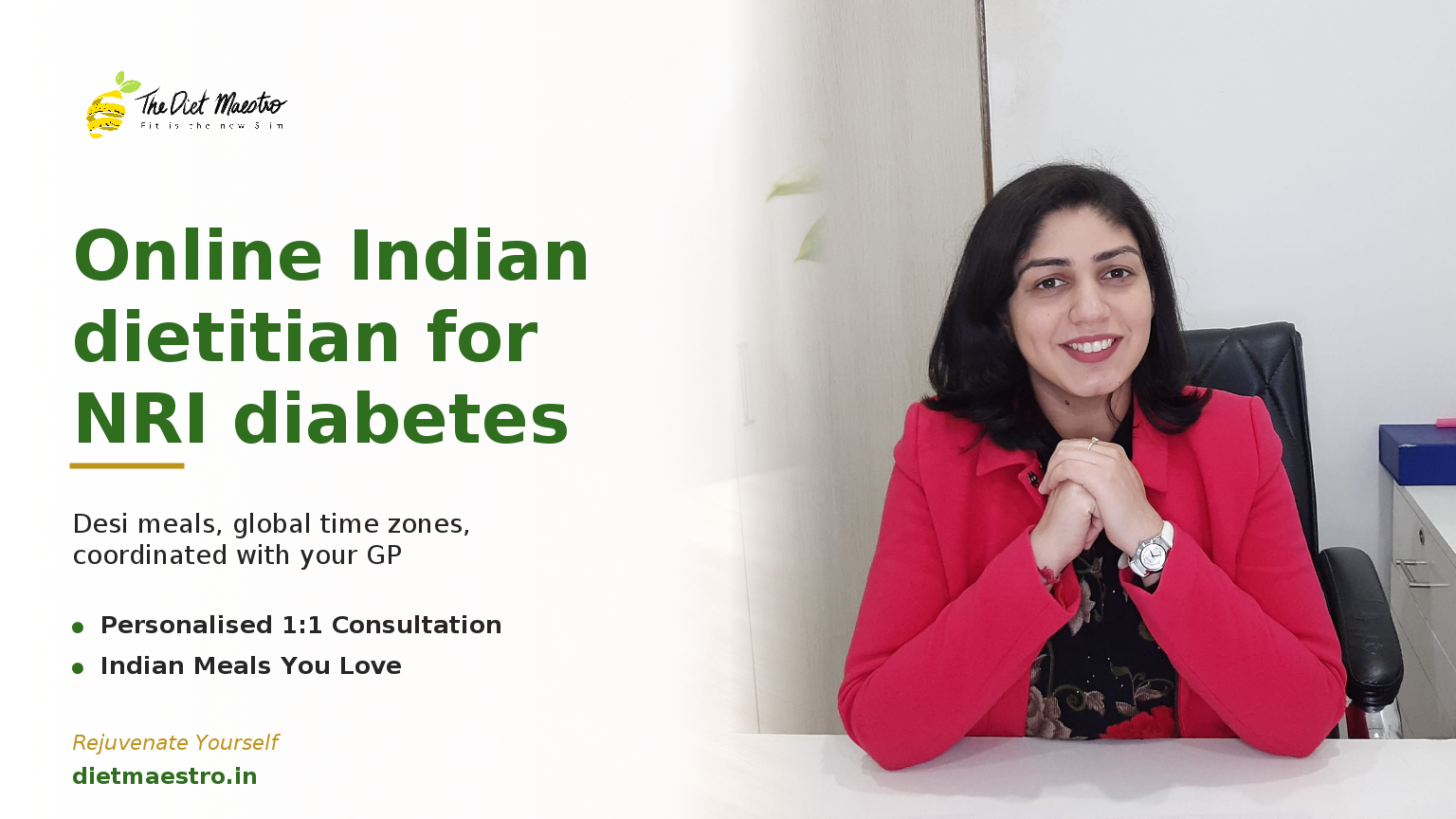 Dt. Priyanka Narang, Clinical Dietitian and CDE, on a modern consult banner for online Indian NRI diabetes care, with Diet Ma