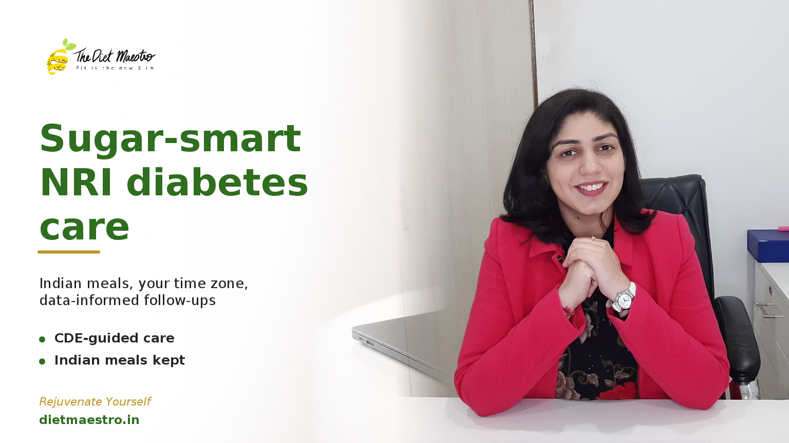 Dt. Priyanka Narang, dietitian and CDE, against a clean clinic backdrop for NRIs seeking an online Indian diabetes dietitian.