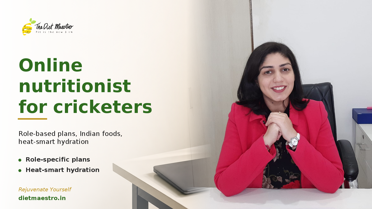 Dt. Priyanka Narang with cricket nutrition consult setup — Diet Maestro online sports nutritionist for cricketers.