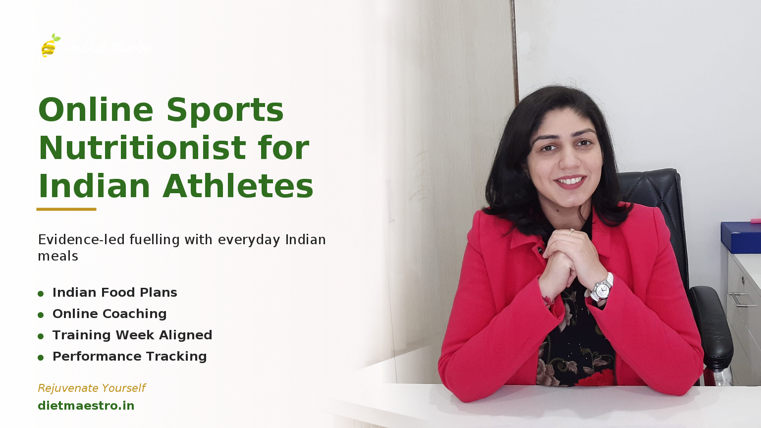 Diet Maestro banner with Dt. Priyanka Narang, online sports nutritionist for Indian athletes in a consultation setting.
