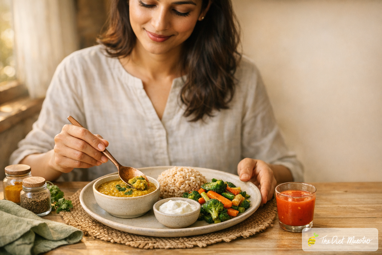 Indian woman plating a gut-friendly PCOS meal with moong dal, vegetables, brown rice, curd, and carrot kanji.
