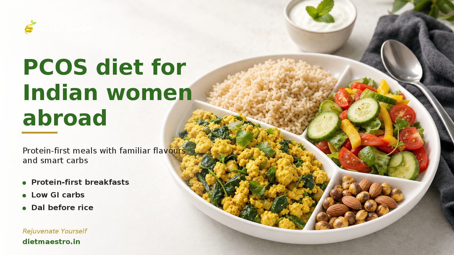 Diet Maestro banner: PCOS diet for Indian women abroad, balanced plate on right with clean left space for branding.