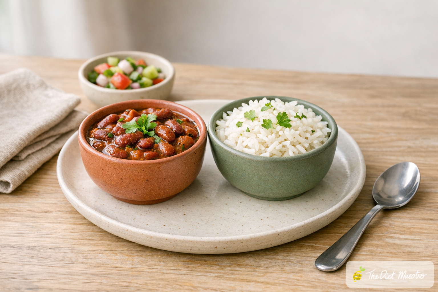 Rajma chawal plated as 1 katori rajma and 1 katori steamed rice with kachumber salad, low-GI PCOS diet meal.