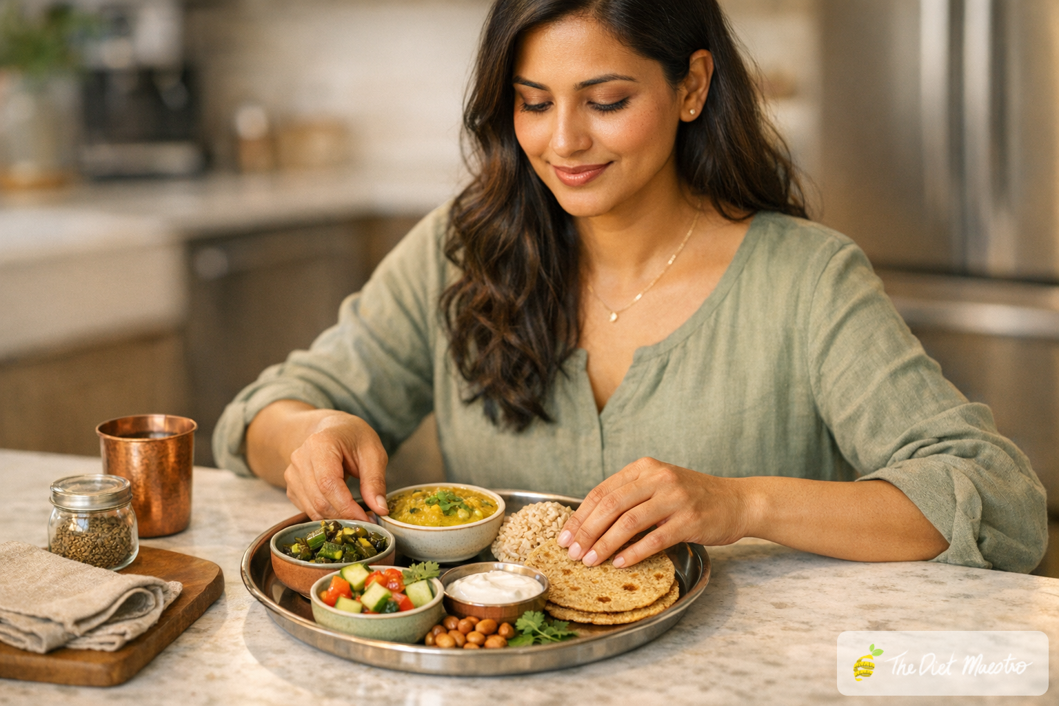 South Asian woman plating a PCOS-friendly Indian thali—millet roti, dal, bhindi, salad, and yogurt—in a modern US kitchen.