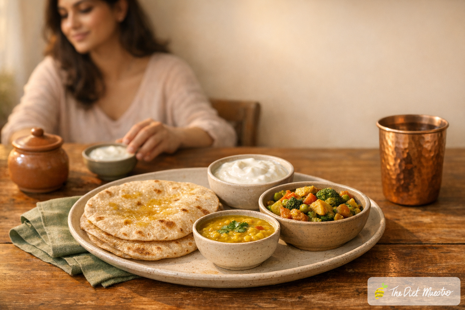 Balanced Indian plate with whole-wheat rotis, plain curd, dal, sabzi; young Indian woman at table, PCOS-friendly meal.