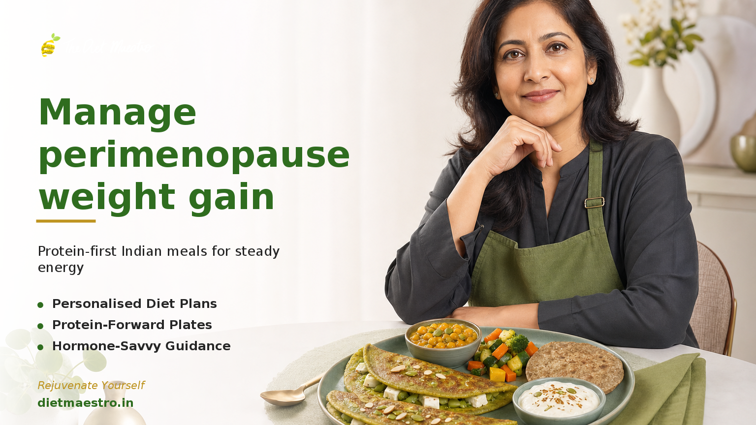 Diet Maestro banner with midlife Indian woman and protein-forward Indian meal; clean left space; perimenopause Indian diet pl