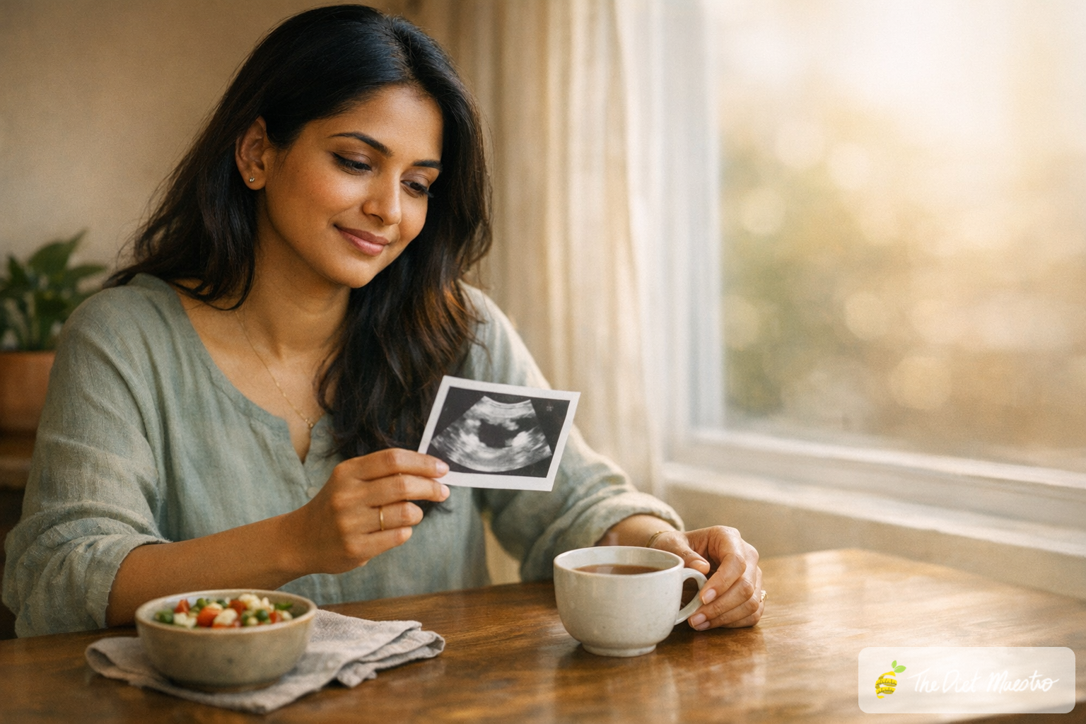 Indian woman holding a text-free ultrasound printout at home, PMOS vs PCOS concept, tea and ceramic katori on table.