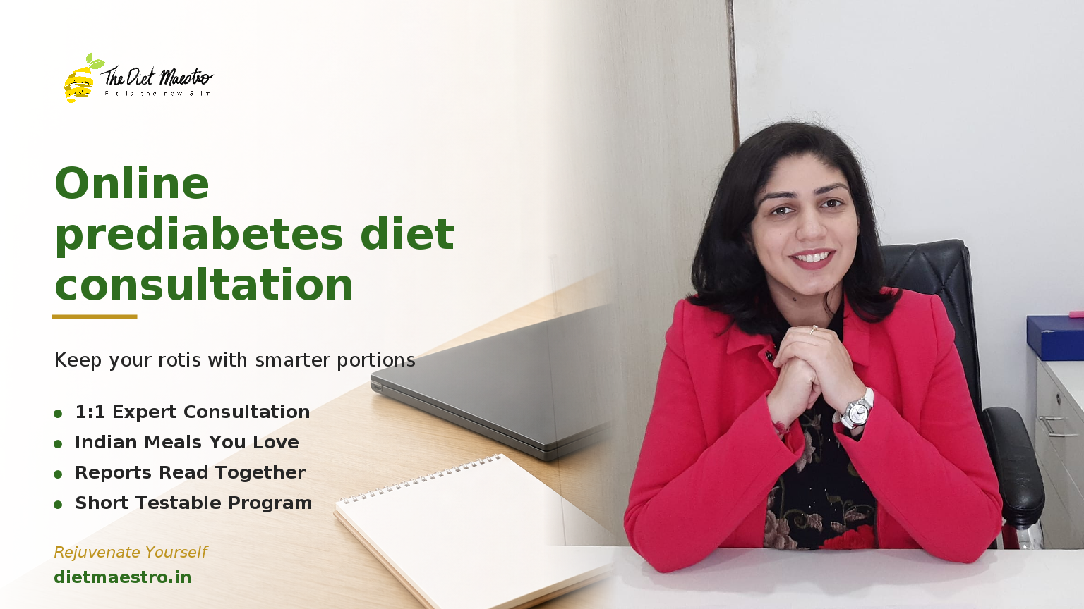 Dt. Priyanka Narang with Diet Maestro branding for prediabetes diet consultation online, in a bright modern clinic background