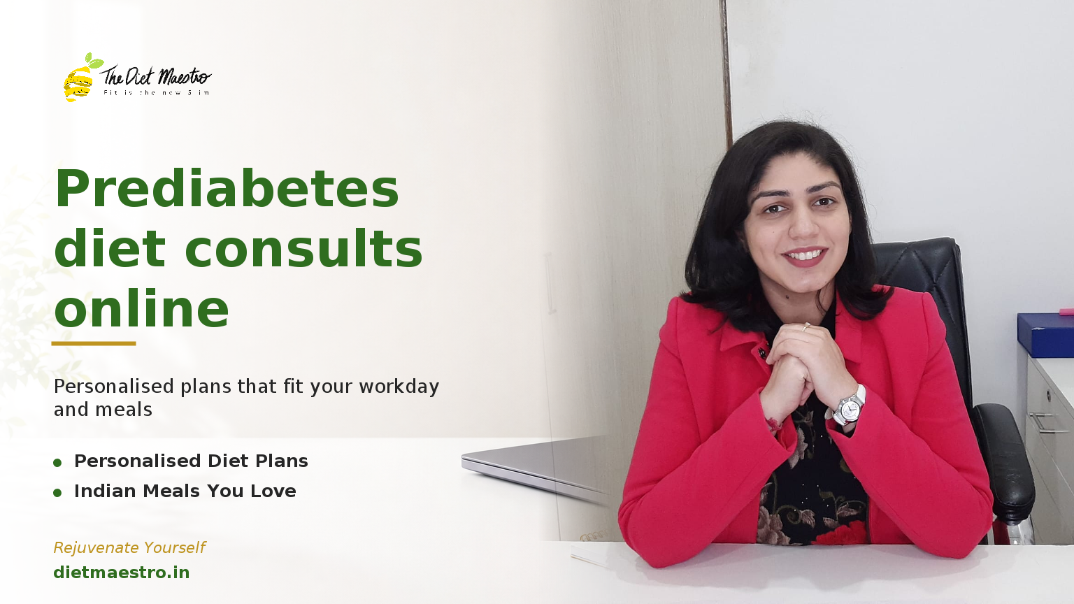 Dt. Priyanka Narang, Clinical Dietitian and Certified Diabetes Educator, in a prediabetes diet consultation online banner.