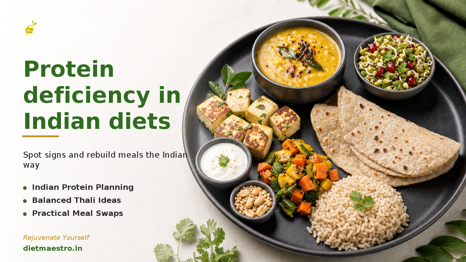Diet Maestro banner showing a balanced Indian thali with high-protein elements to address protein deficiency in Indian diets.