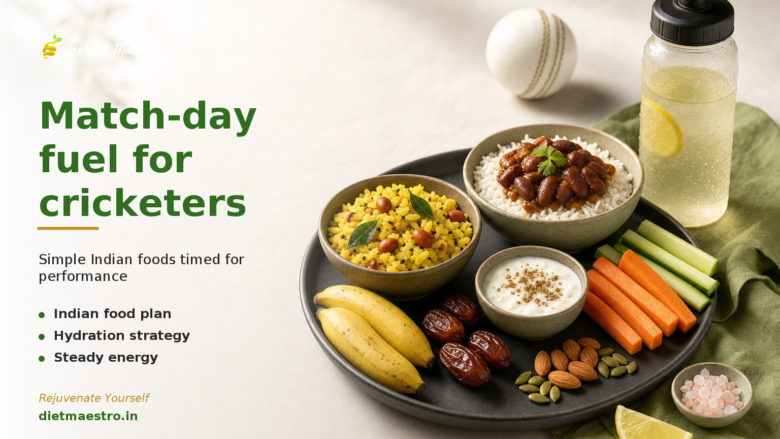 Sports nutrition diet for cricket players: poha, rice‑rajma, dahi, bananas, dates and hydration on a Diet Maestro banner