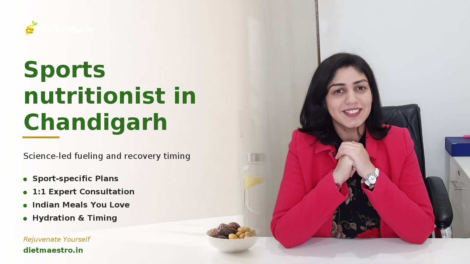 Dt. Priyanka Narang, sports nutritionist in Chandigarh, with Diet Maestro branding on a clean consultation banner