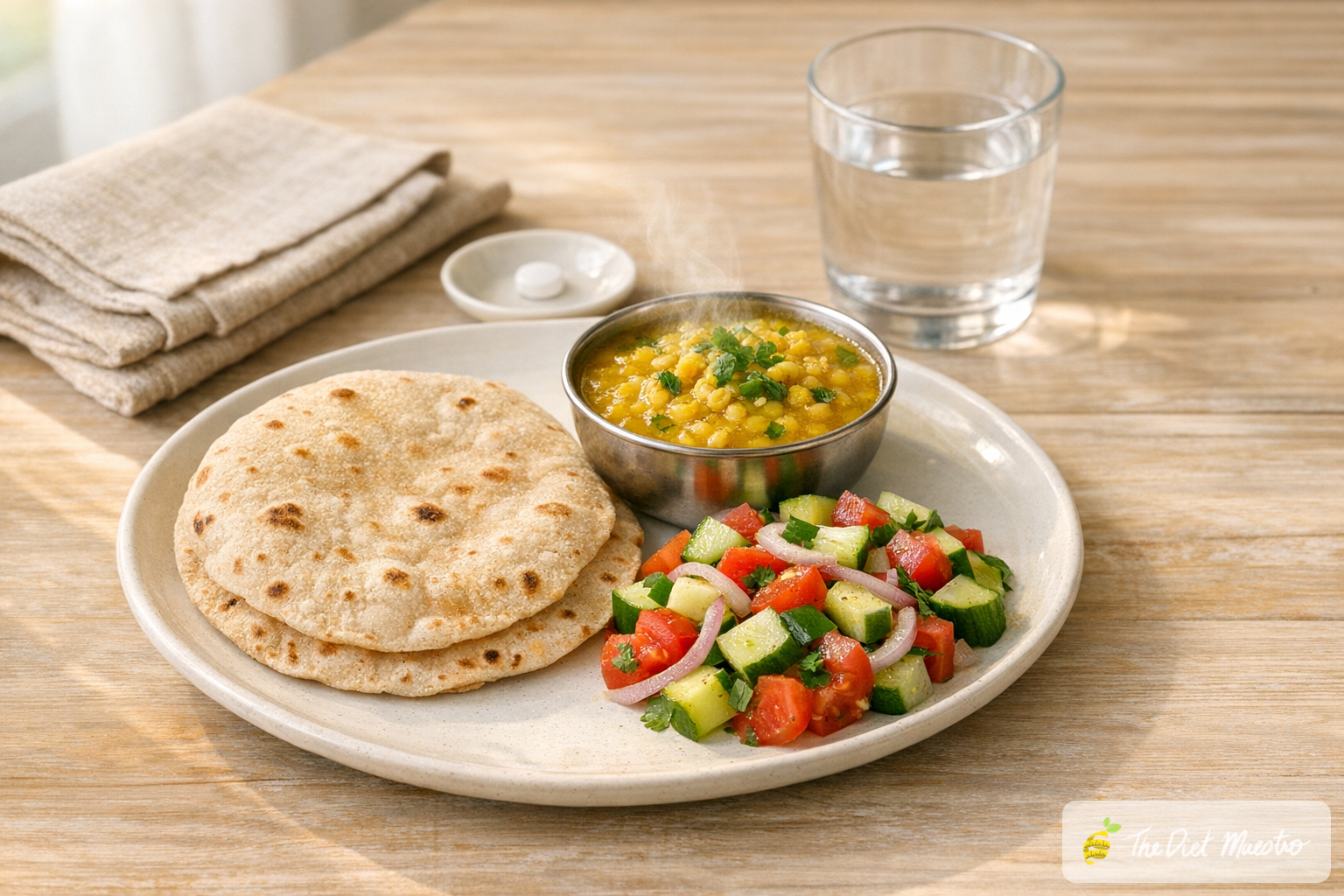 Indian thyroid diet plate with one roti, moong dal and salad, plus a small white thyroid tablet and water on a light table.