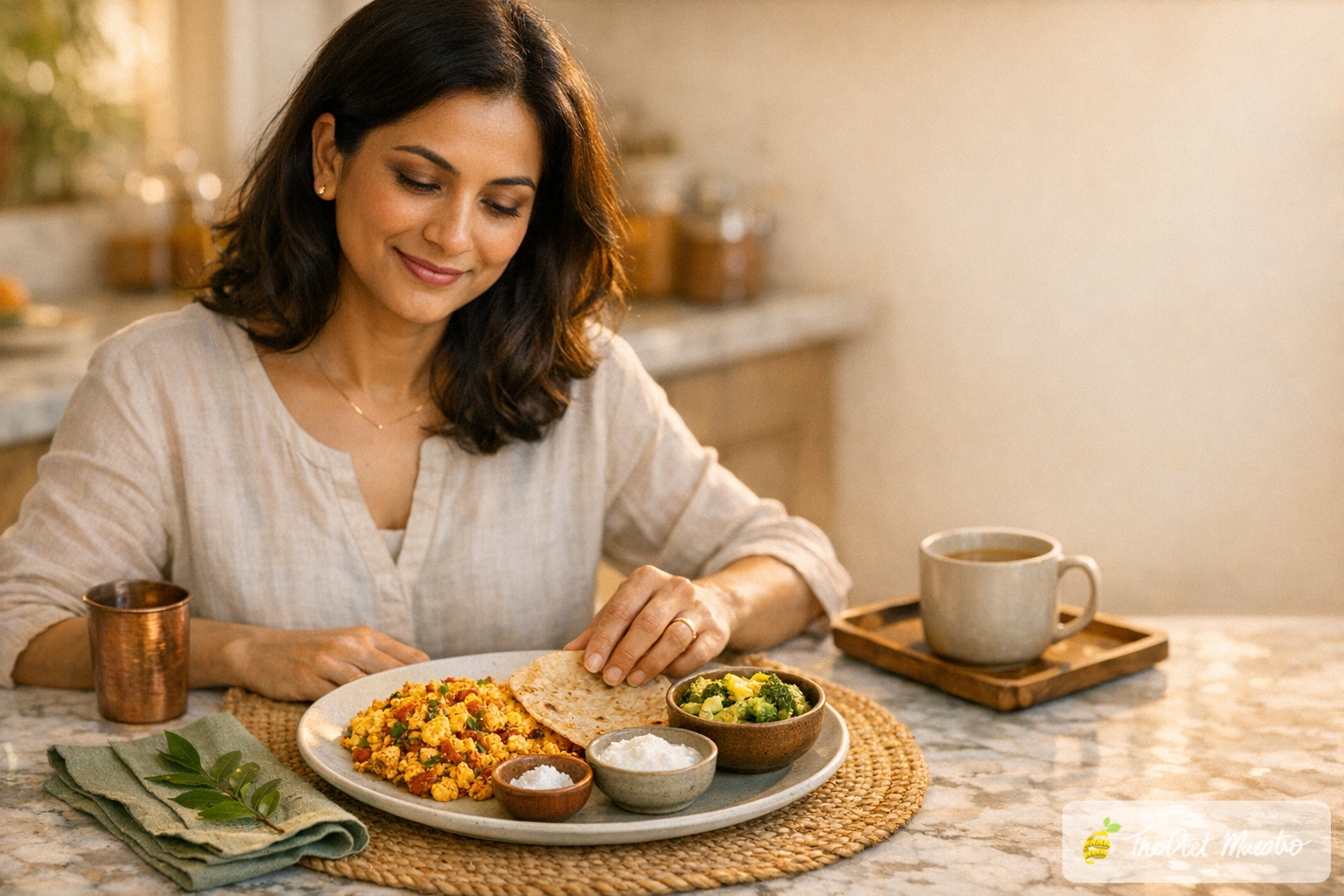 Indian woman plating a thyroid-friendly meal with paneer bhurji, jowar roti, cooked cabbage; coffee set aside