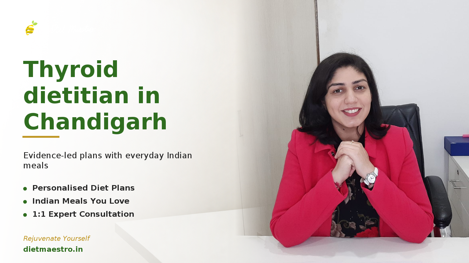 Diet Maestro banner with Dt. Priyanka Narang in a sunlit clinic, room for thyroid dietitian in Chandigarh headline.