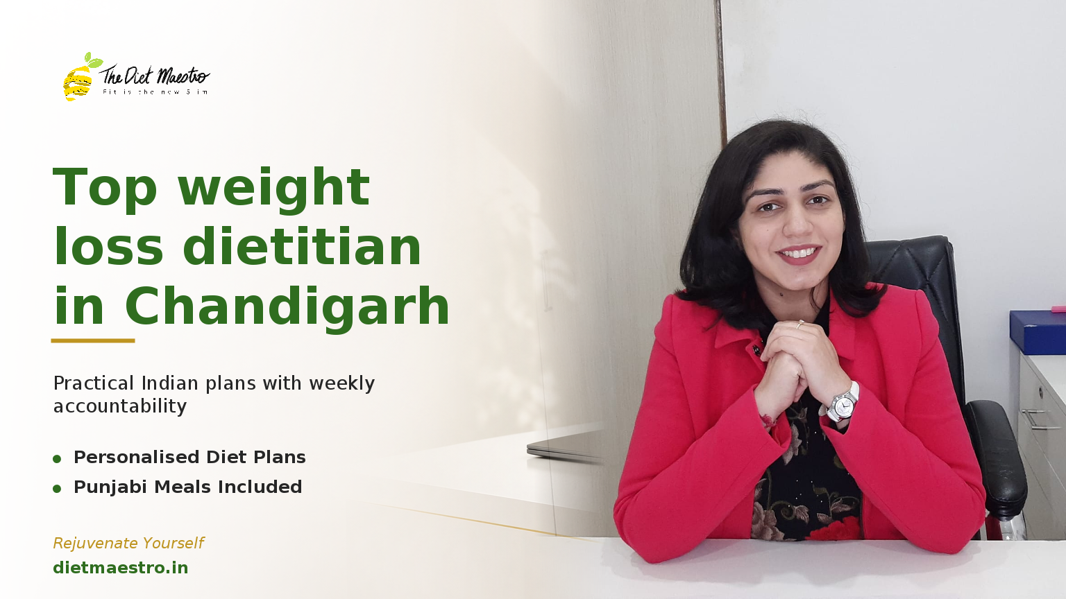 Dt. Priyanka Narang, clinical dietitian in Chandigarh, on a clean clinic backdrop with Diet Maestro branding for weight loss.