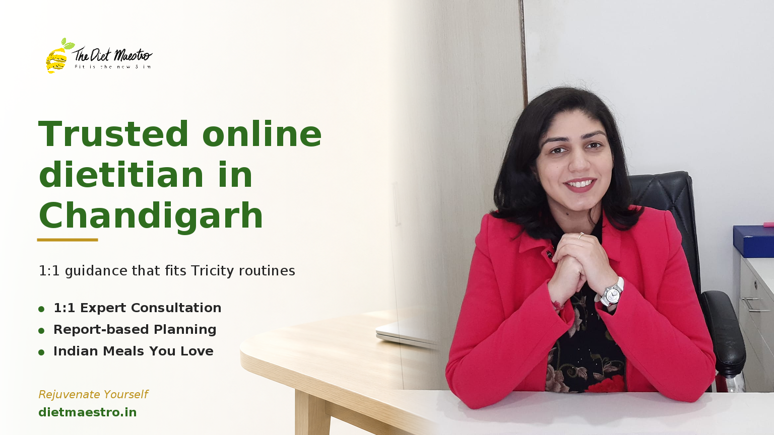 Diet Maestro with Dt. Priyanka Narang, trusted online dietitian in Chandigarh, beside a clean modern consultation setting.