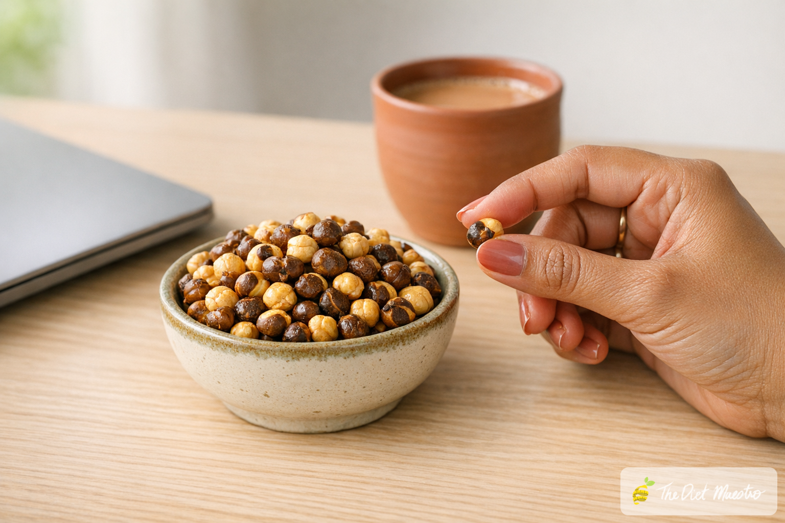 Roasted chana 4 pm snack for a weight loss diet plan for working women on a light desk, with chai and a closed laptop.