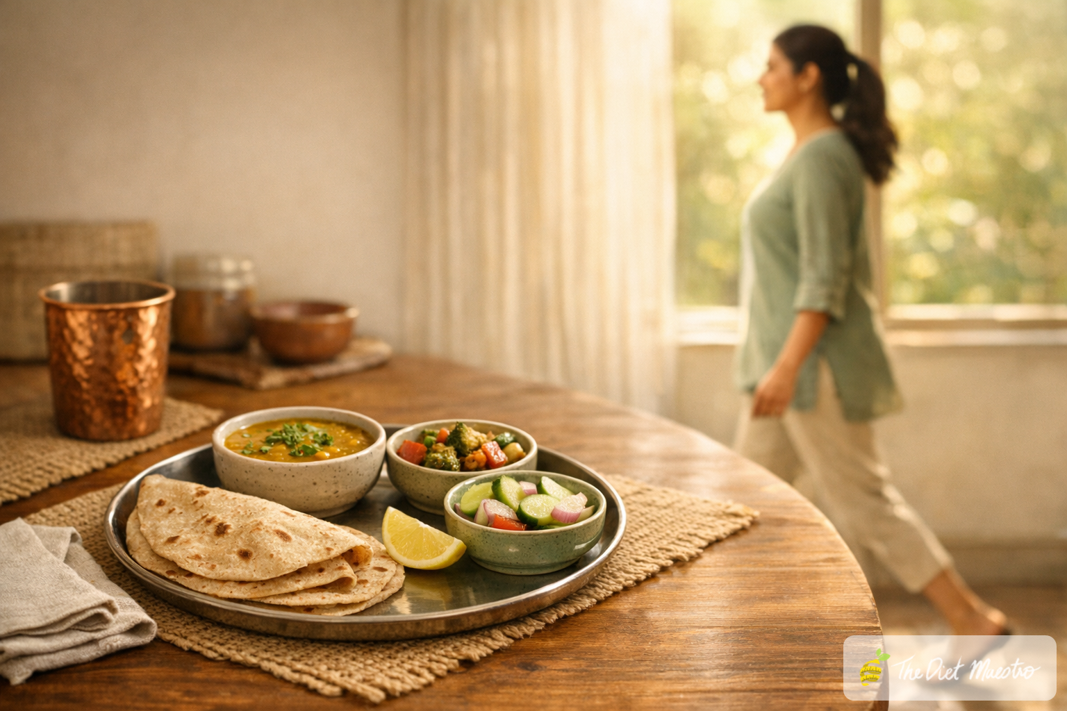 Balanced Indian thali on wooden table with copper tumbler; Indian woman walks after meal in background to help lower HbA1c.