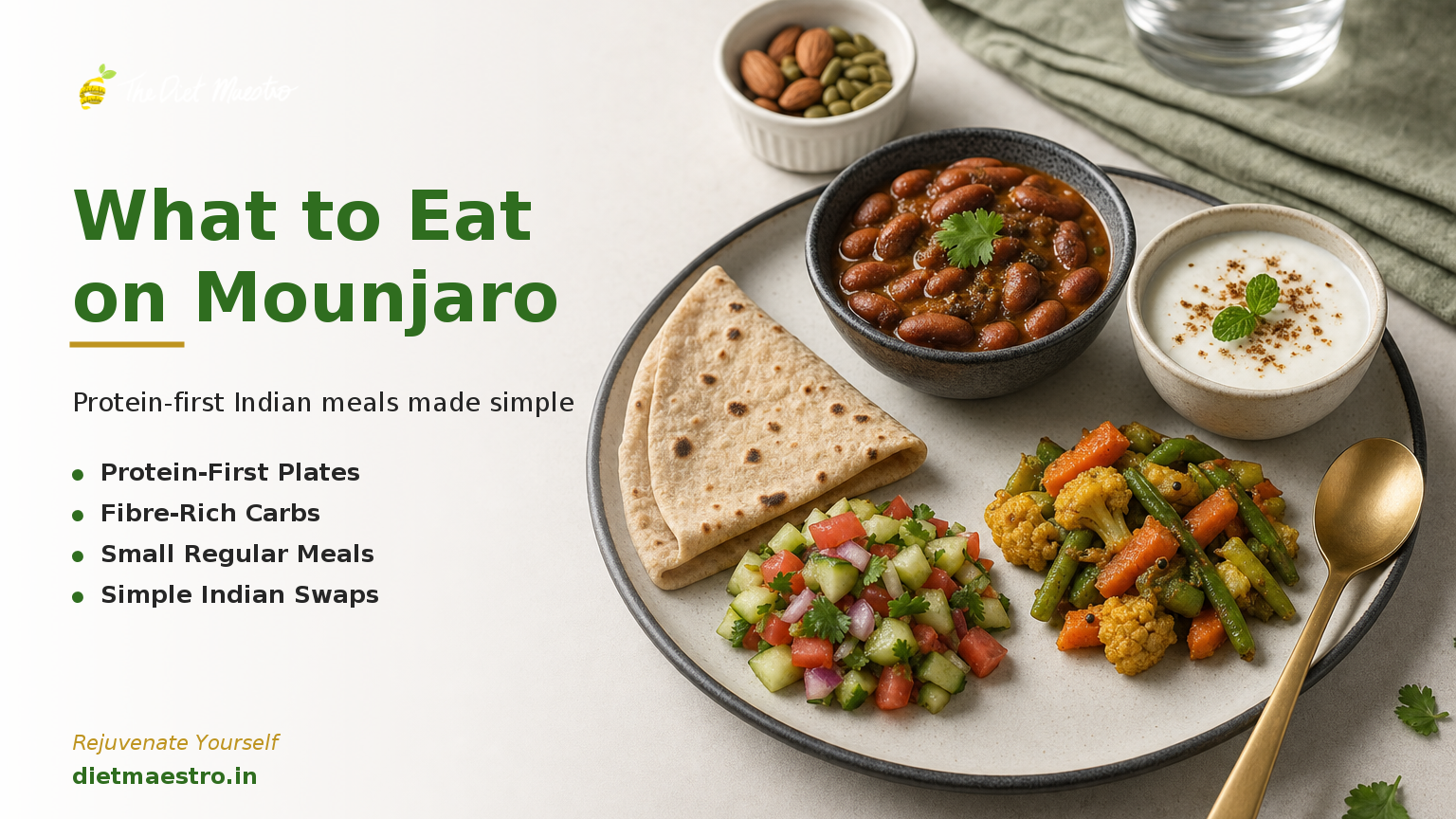 Diet Maestro hero banner with a protein-first Indian plate for Mounjaro and type 2 diabetes, clean white space for branding