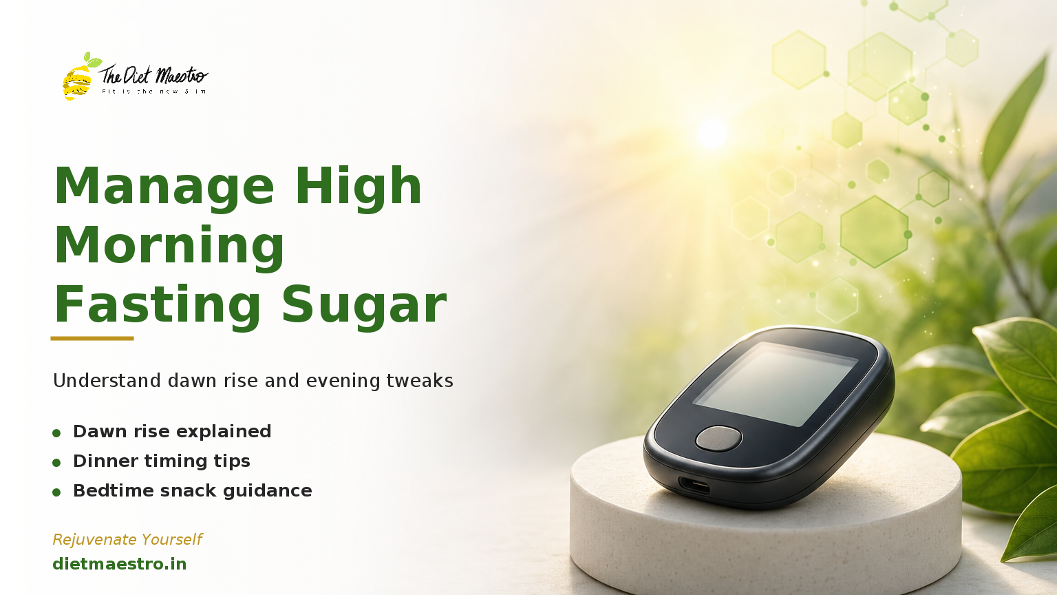 Diet Maestro banner on high morning fasting sugar: blank glucometer with sunrise glow and glucose icons, clear space on left.