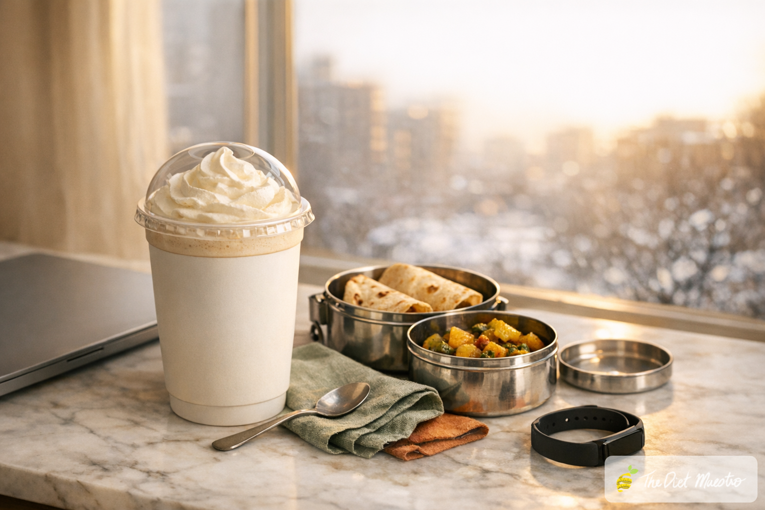 Oversized creamy latte on an Indian professional’s desk by a snowy window, with a small steel tiffin and laptop.
