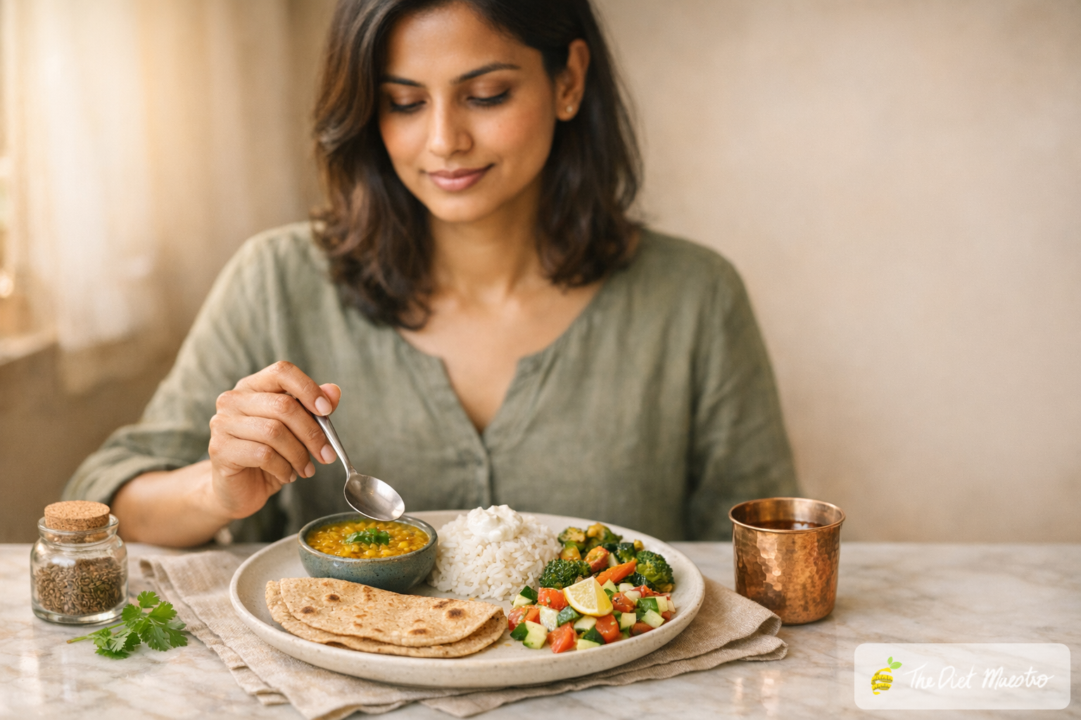 Indian woman pausing to eat a balanced plate with roti, dal, rice with curd, sabzi, and kachumber on a marble table.